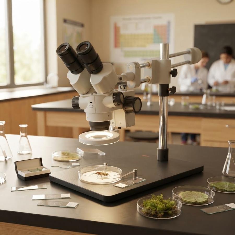 Omano OM2300S-V6 Zoom Stereo Microscope, Dual-Arm Boom Stand