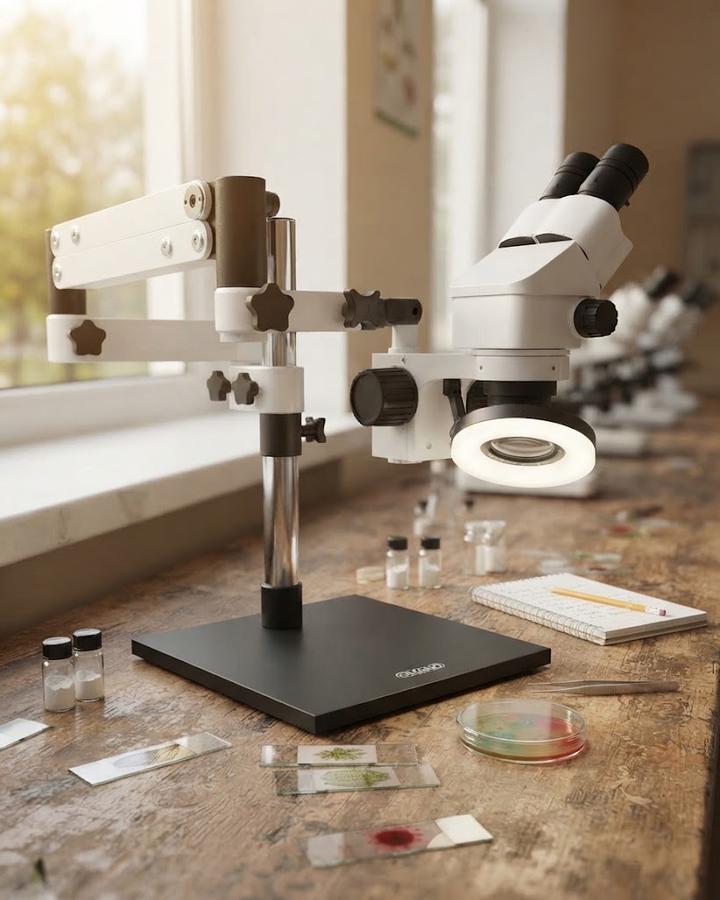 Omano OM2300S-V7 Zoom Stereo Microscope, Articulating Boom Stand